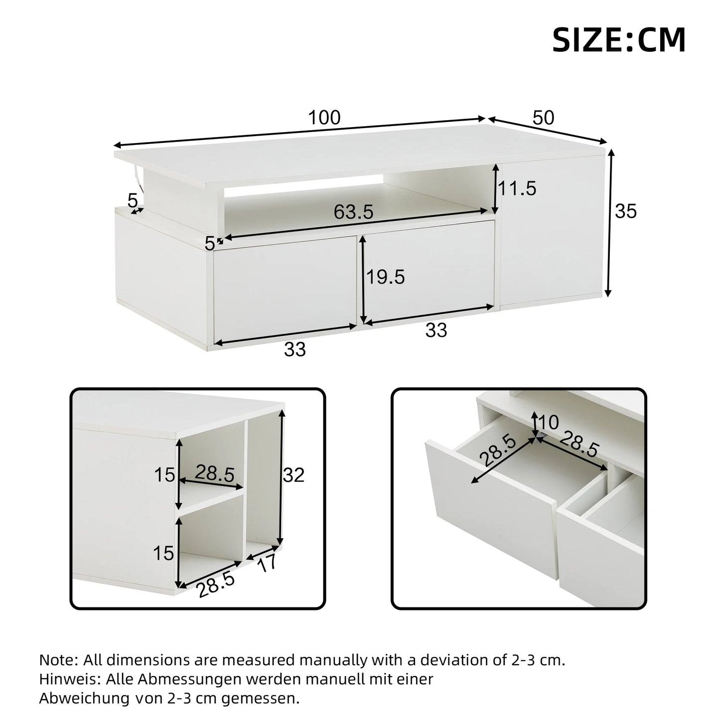 Coffee Table & Storage Cabinet, White LED Living Room Tea Table