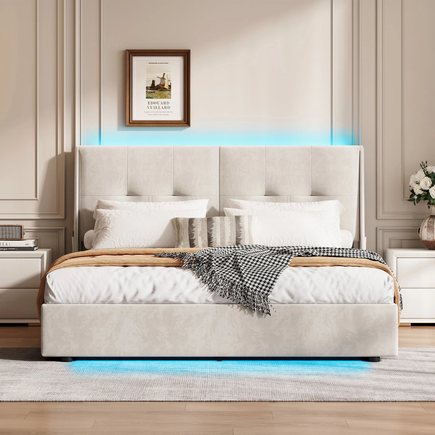 Double Bed with LED, Hydraulic Lift Storage, Comfortable Headboard