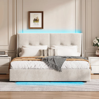 Double Bed with LED, Hydraulic Lift Storage, Comfortable Headboard