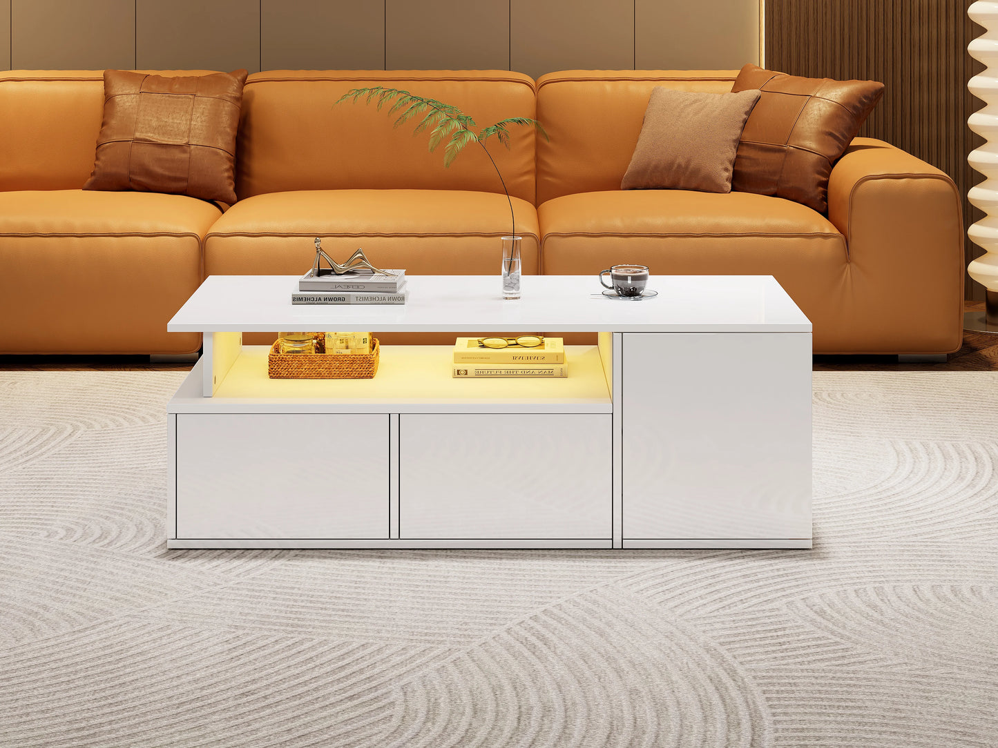 Coffee Table & Storage Cabinet, White LED Living Room Tea Table