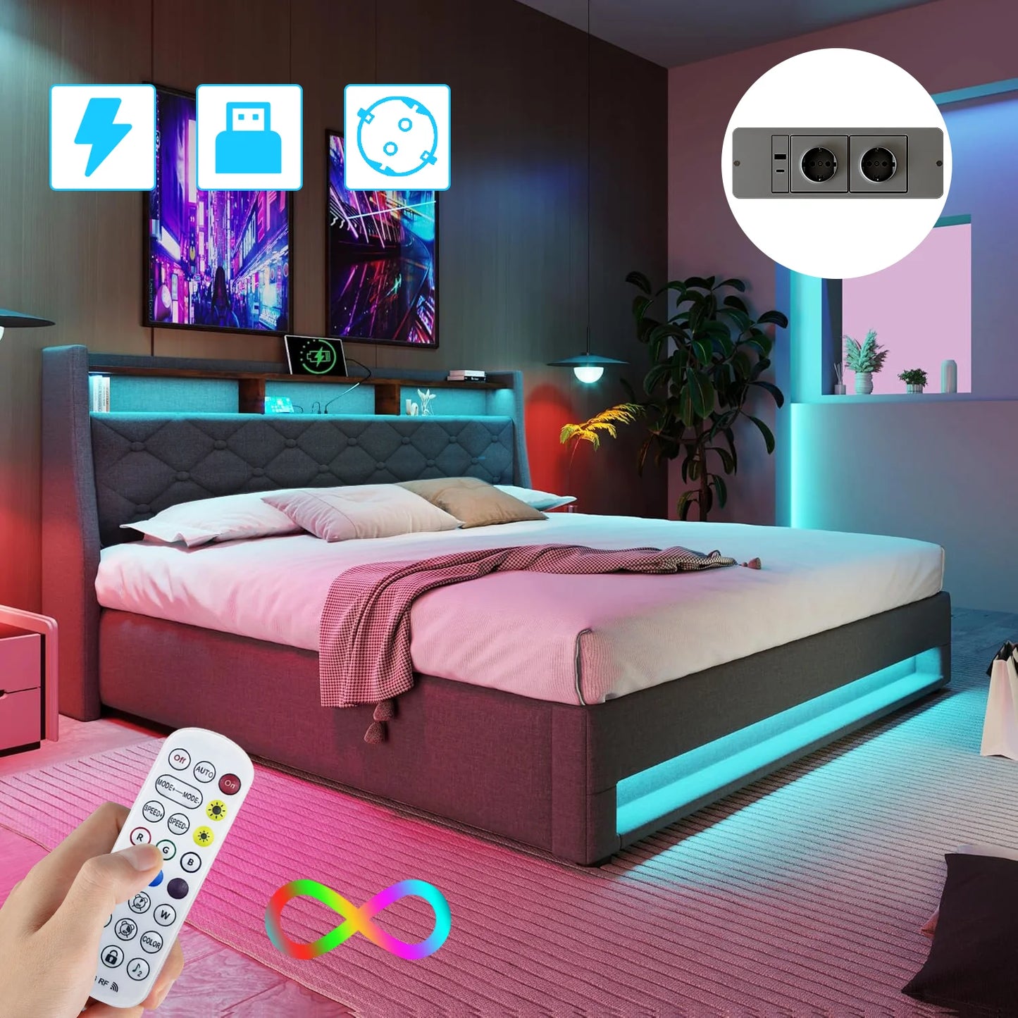 Chest bed 140x190 cm, double bed with LED headband and USB ports