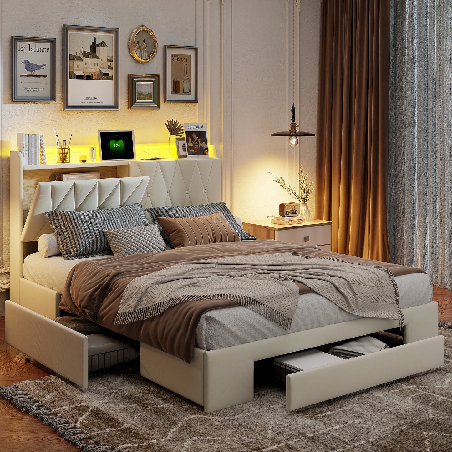 Bed 160x200cm, Double Bed with 3 Drawers and Storage Headboard