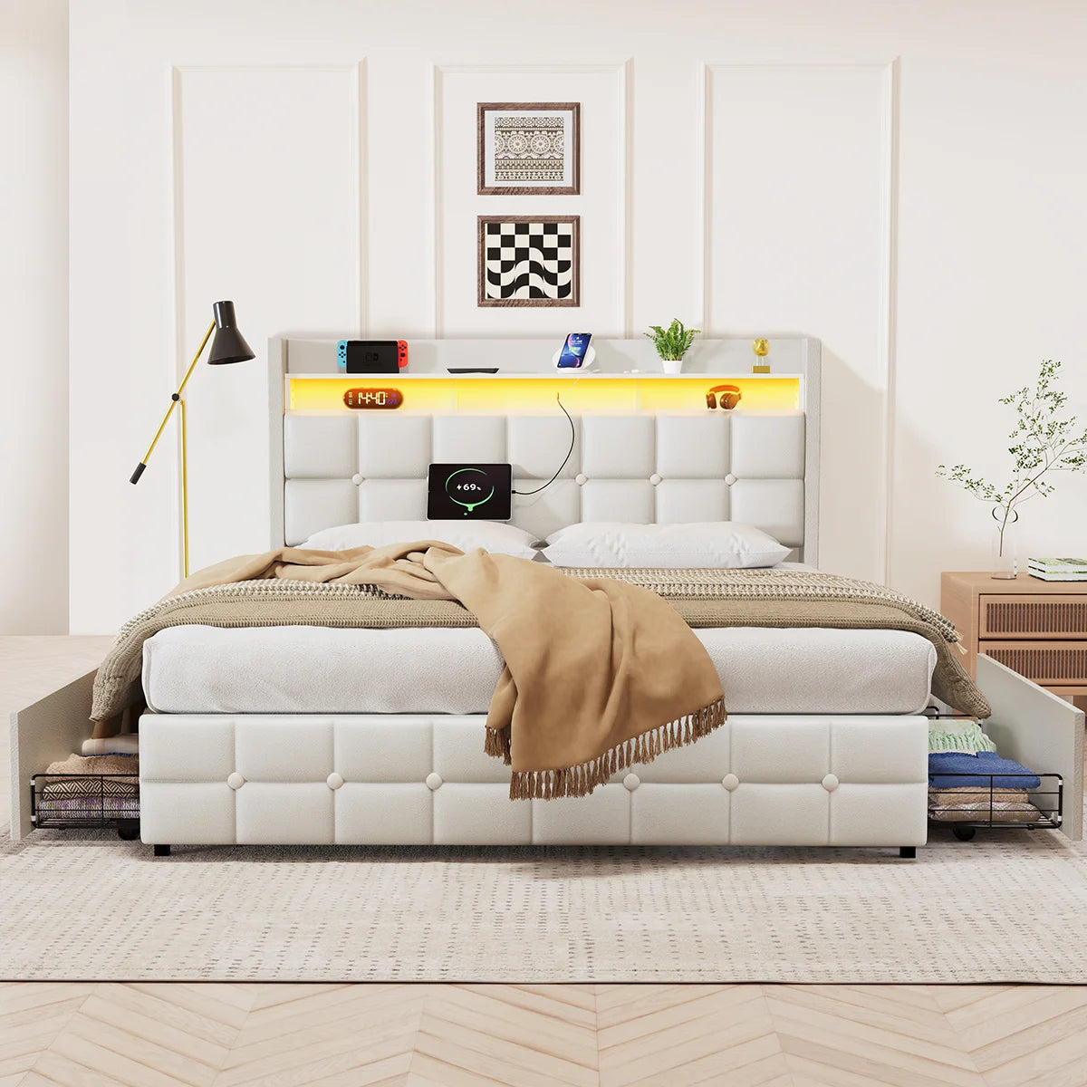 Mihtrov 140x190cm Double Bed PU Headboard Upholstered Bed With Storage