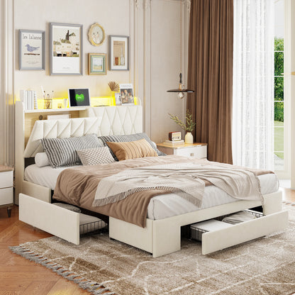 Bed 160x200cm, Double Bed with 3 Drawers and Storage Headboard