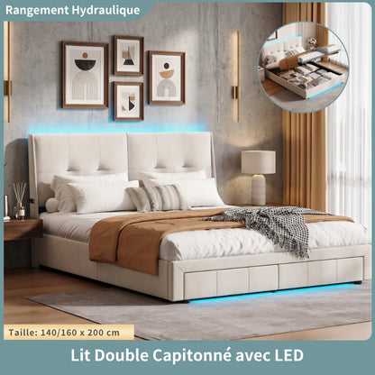 Double Bed with LED, Hydraulic Lift Storage, Comfortable Headboard