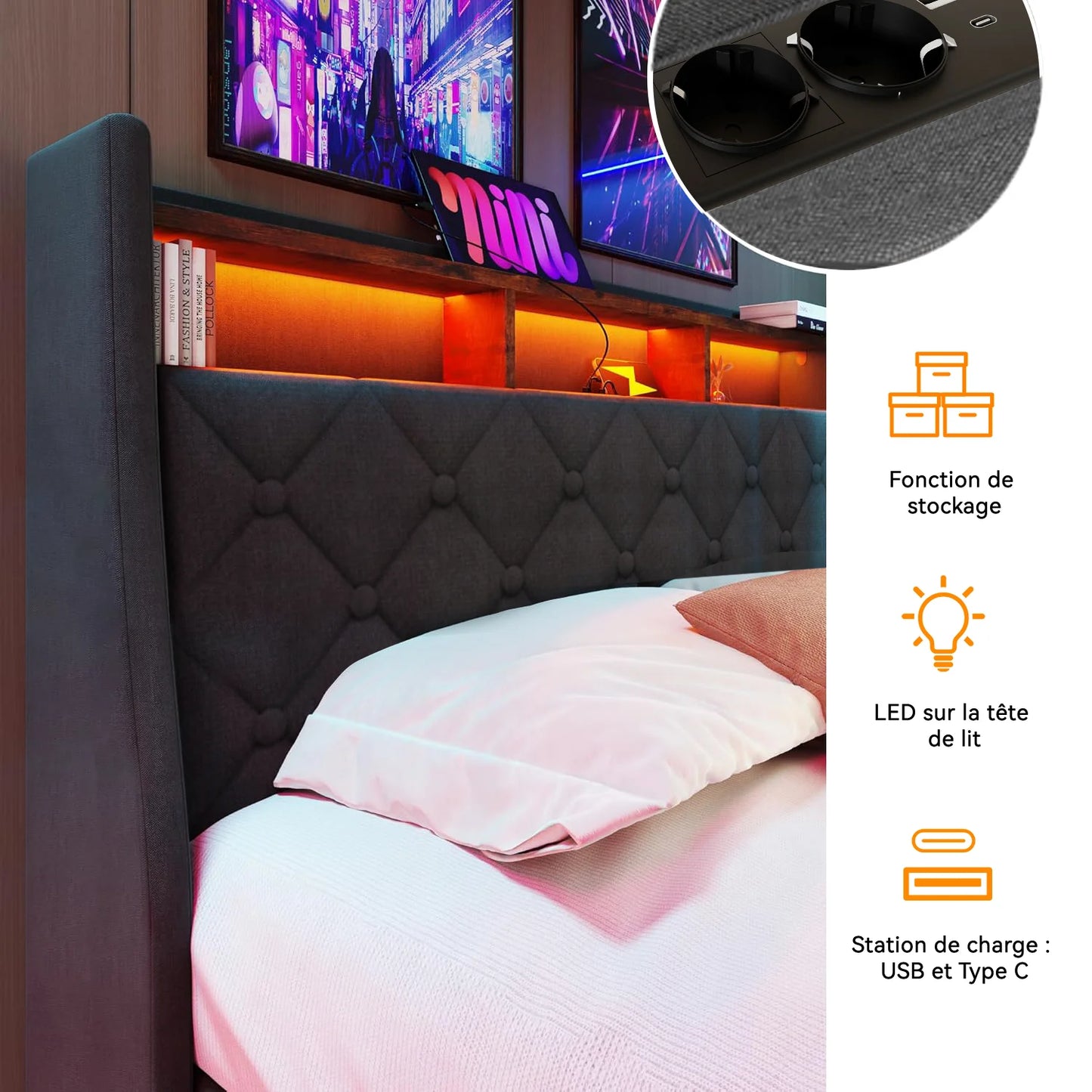 Chest bed 140x190 cm, double bed with LED headband and USB ports