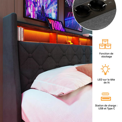 Chest bed 140x190 cm, double bed with LED headband and USB ports