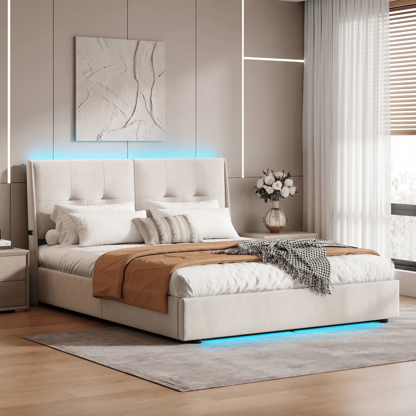 Double Bed with LED, Hydraulic Lift Storage, Comfortable Headboard