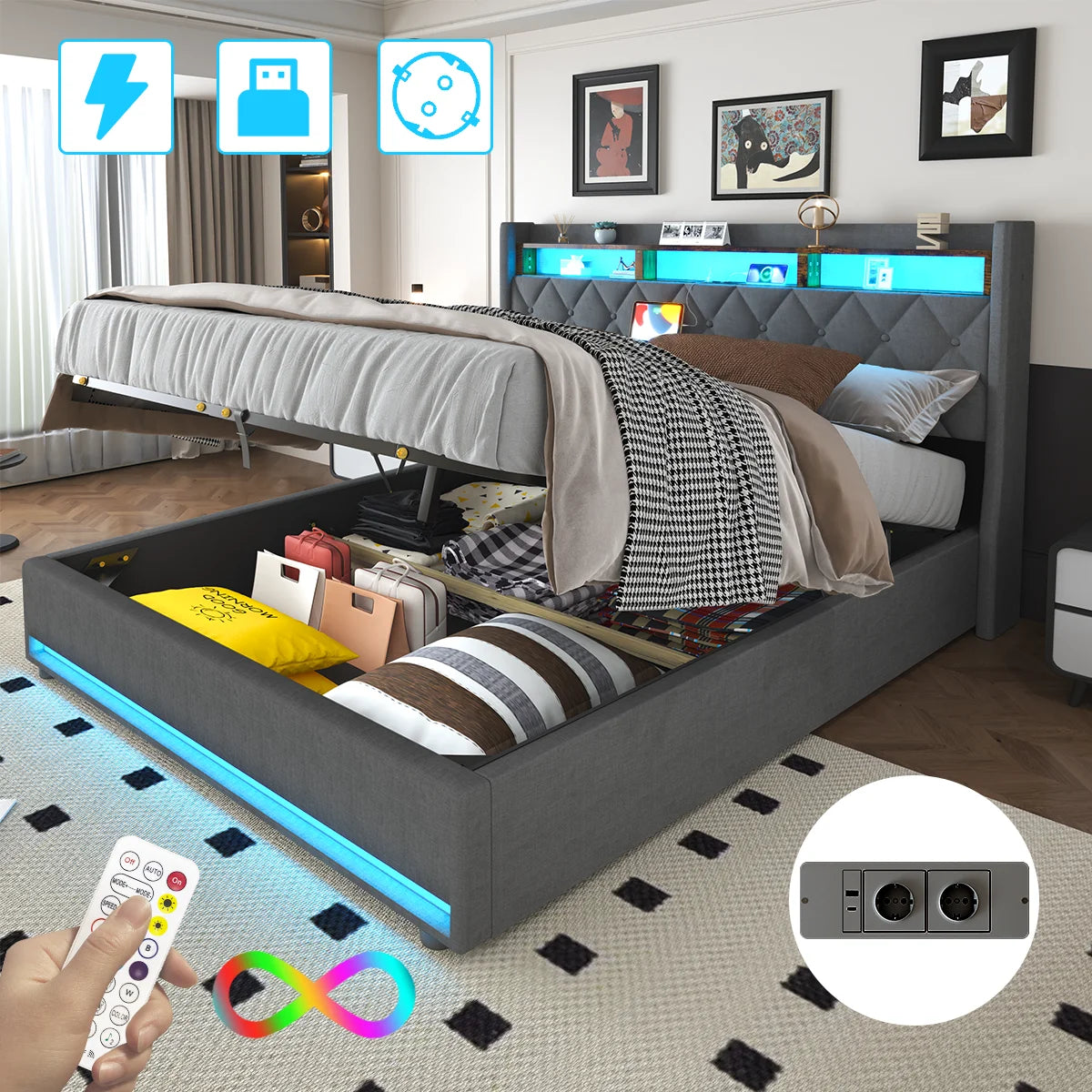 Chest bed 140x190 cm, double bed with LED headband and USB ports