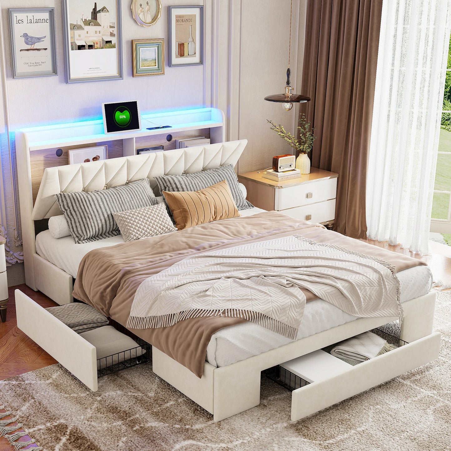 Bed 160x200cm, Double Bed with 3 Drawers and Storage Headboard