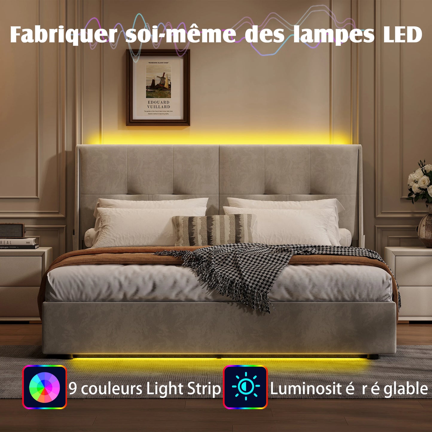 Double Bed with LED, Hydraulic Lift Storage, Comfortable Headboard