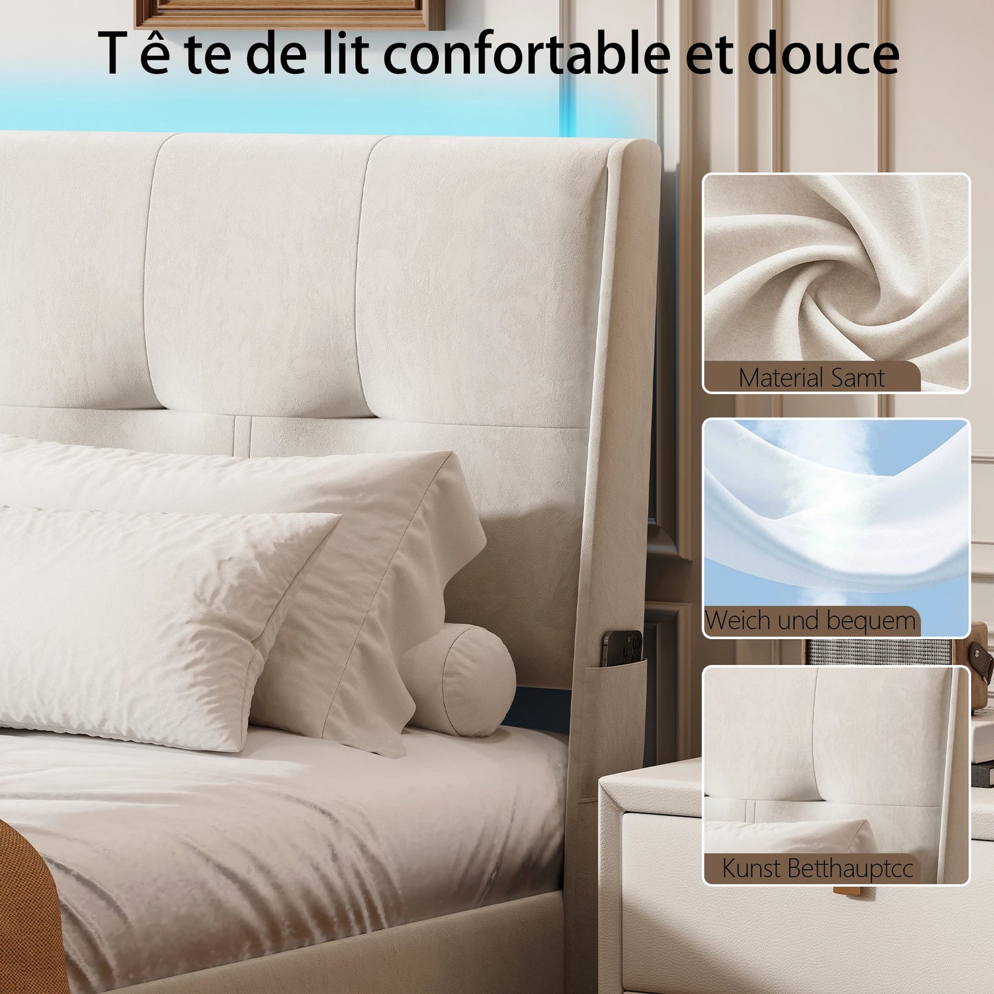 Double Bed with LED, Hydraulic Lift Storage, Comfortable Headboard