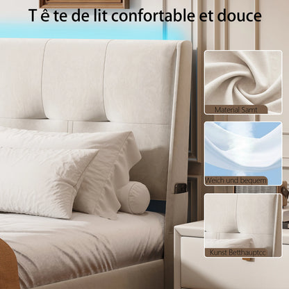 Double Bed with LED, Hydraulic Lift Storage, Comfortable Headboard