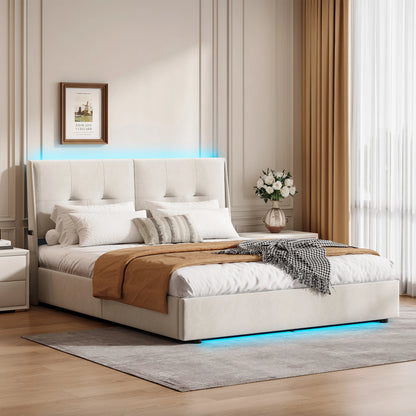 Double Bed with LED, Hydraulic Lift Storage, Comfortable Headboard