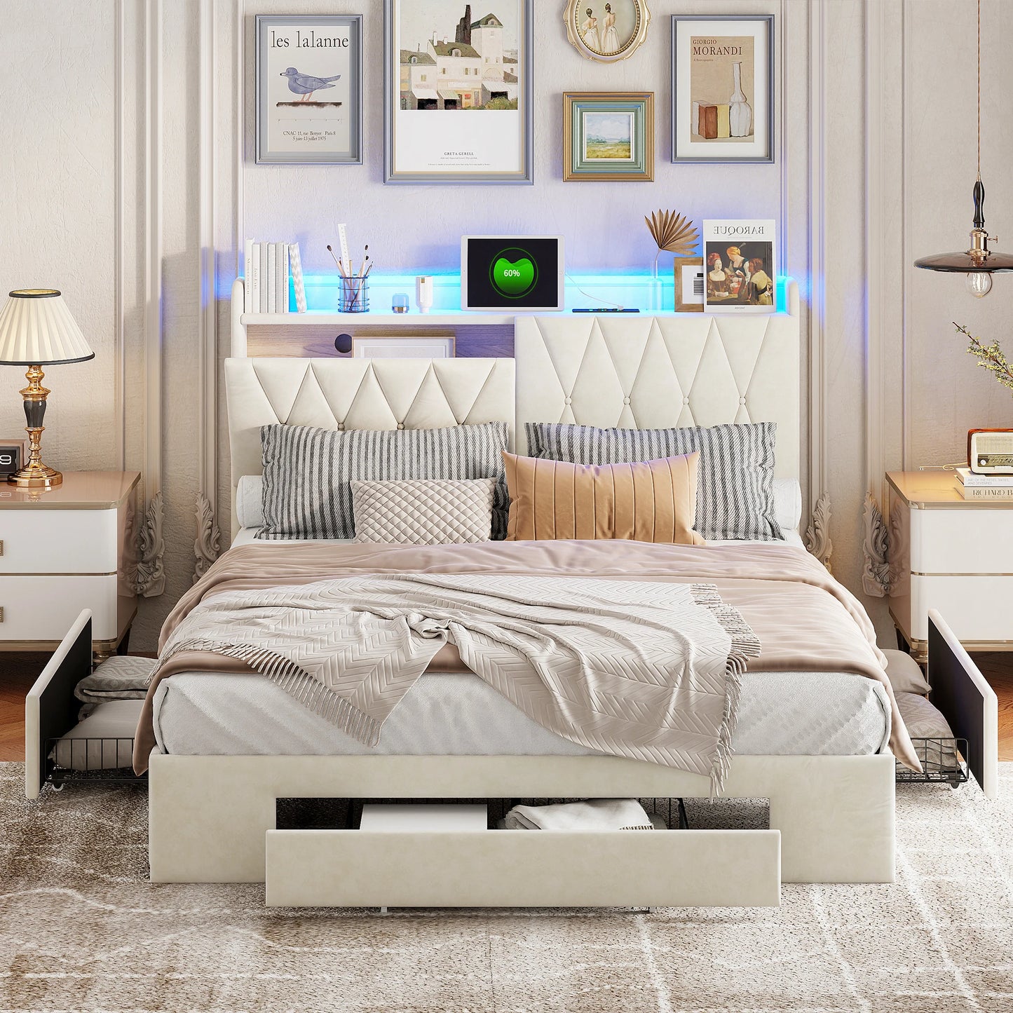 Bed 160x200cm, Double Bed with 3 Drawers and Storage Headboard