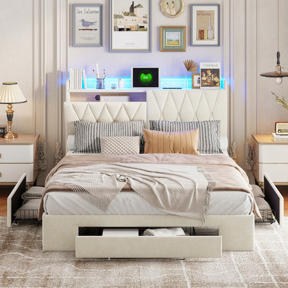 Bed 160x200cm, Double Bed with 3 Drawers and Storage Headboard