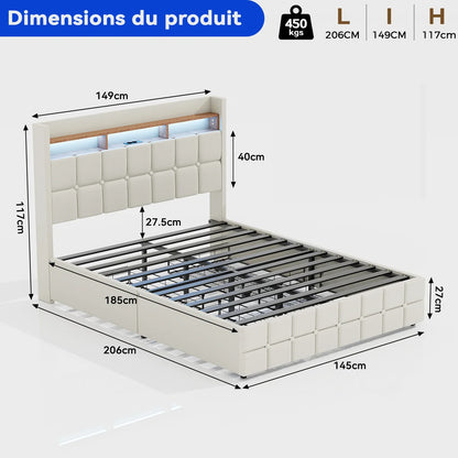 Mihtrov 140x190cm Double Bed PU Headboard Upholstered Bed With Storage