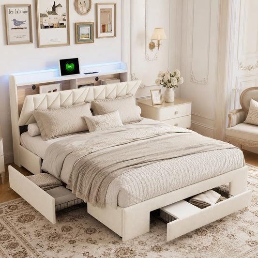 Bed 160x200cm, Double Bed with 3 Drawers and Storage Headboard