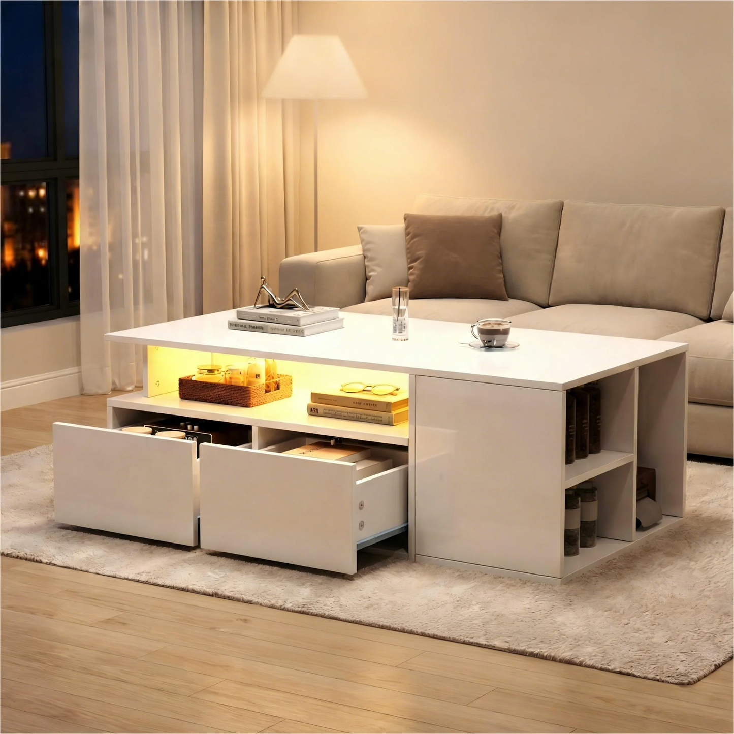Coffee Table & Storage Cabinet, White LED Living Room Tea Table