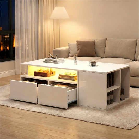 Coffee Table & Storage Cabinet, White LED Living Room Tea Table