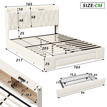 Bed 160x200cm, Double Bed with 3 Drawers and Storage Headboard