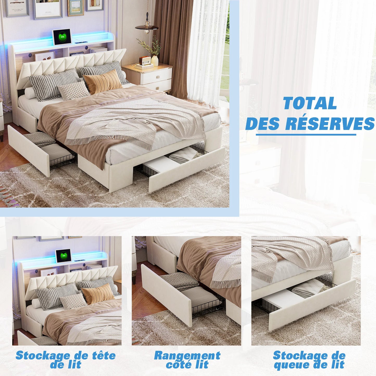 Bed 160x200cm, Double Bed with 3 Drawers and Storage Headboard