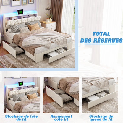 Bed 160x200cm, Double Bed with 3 Drawers and Storage Headboard