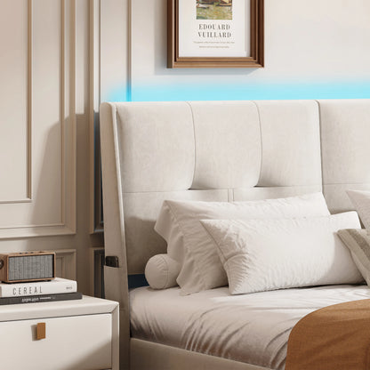 Double Bed with LED, Hydraulic Lift Storage, Comfortable Headboard