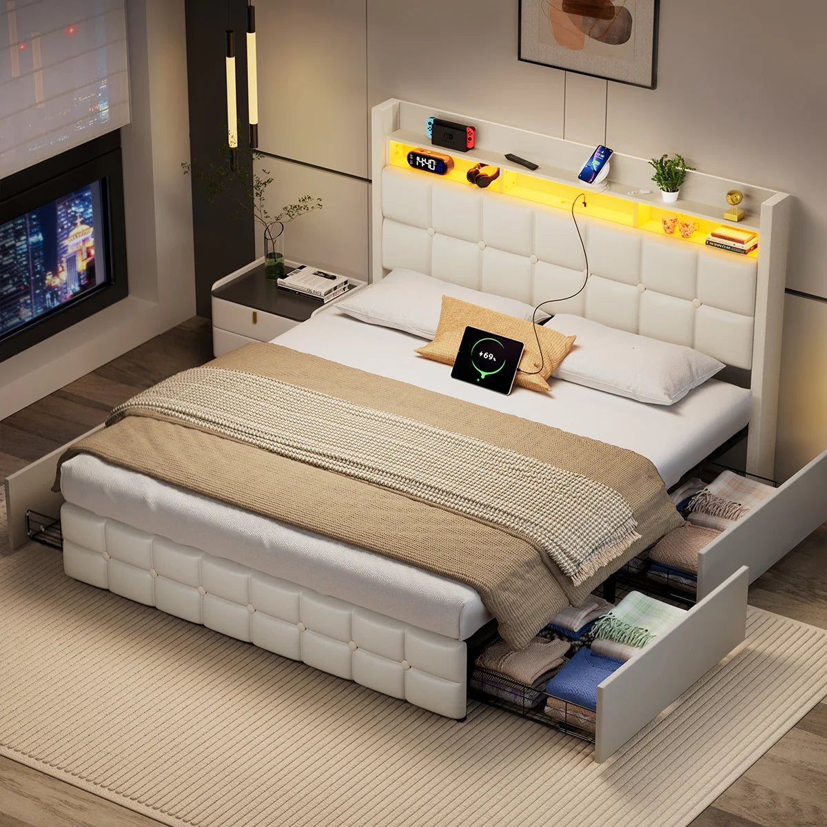 Mihtrov 140x190cm Double Bed PU Headboard Upholstered Bed With Storage