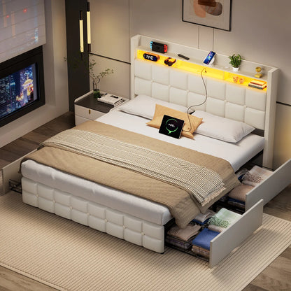 Mihtrov 140x190cm Double Bed PU Headboard Upholstered Bed With Storage