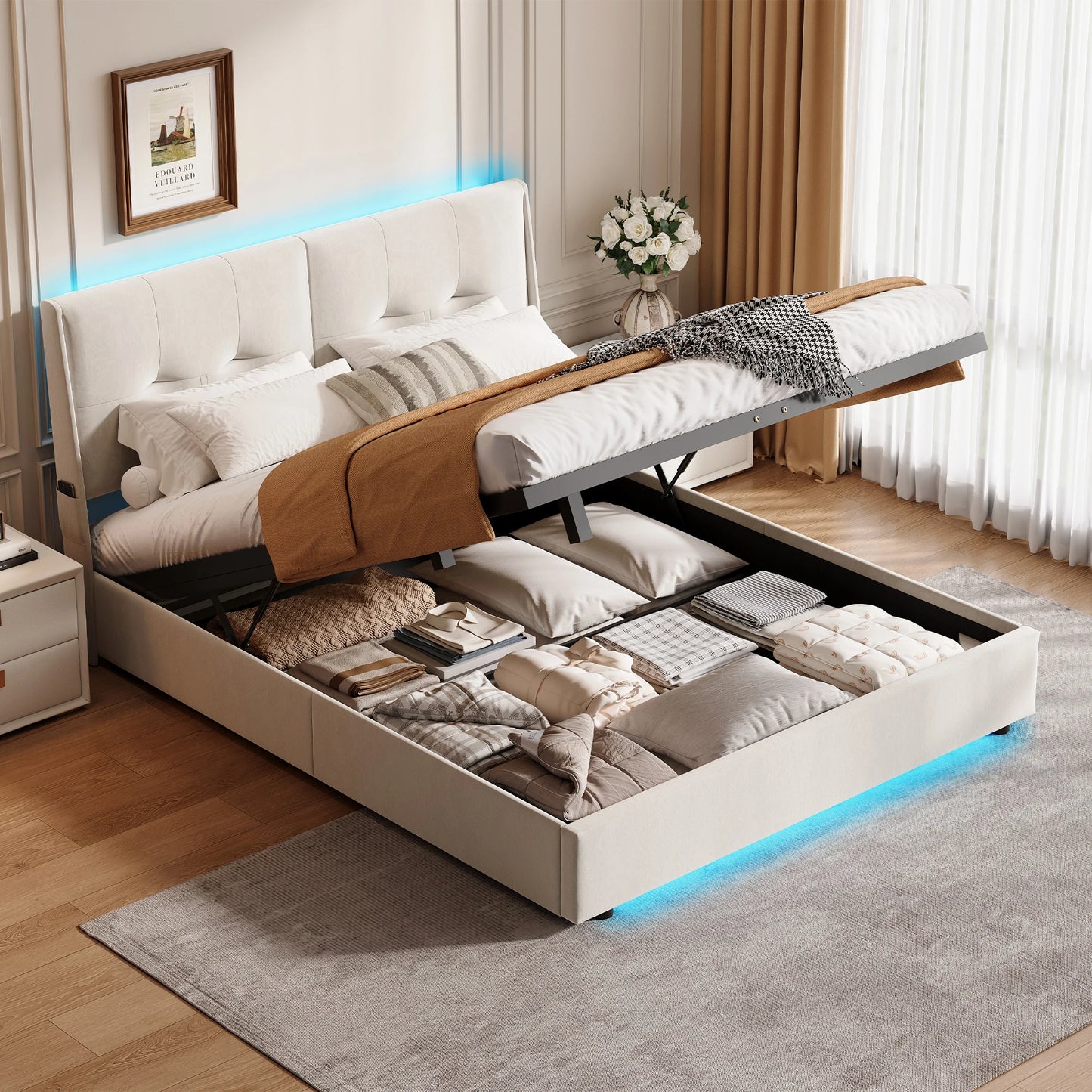 Double Bed with LED, Hydraulic Lift Storage, Comfortable Headboard