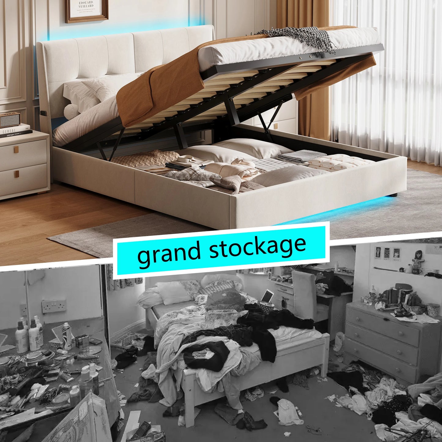 Double Bed with LED, Hydraulic Lift Storage, Comfortable Headboard