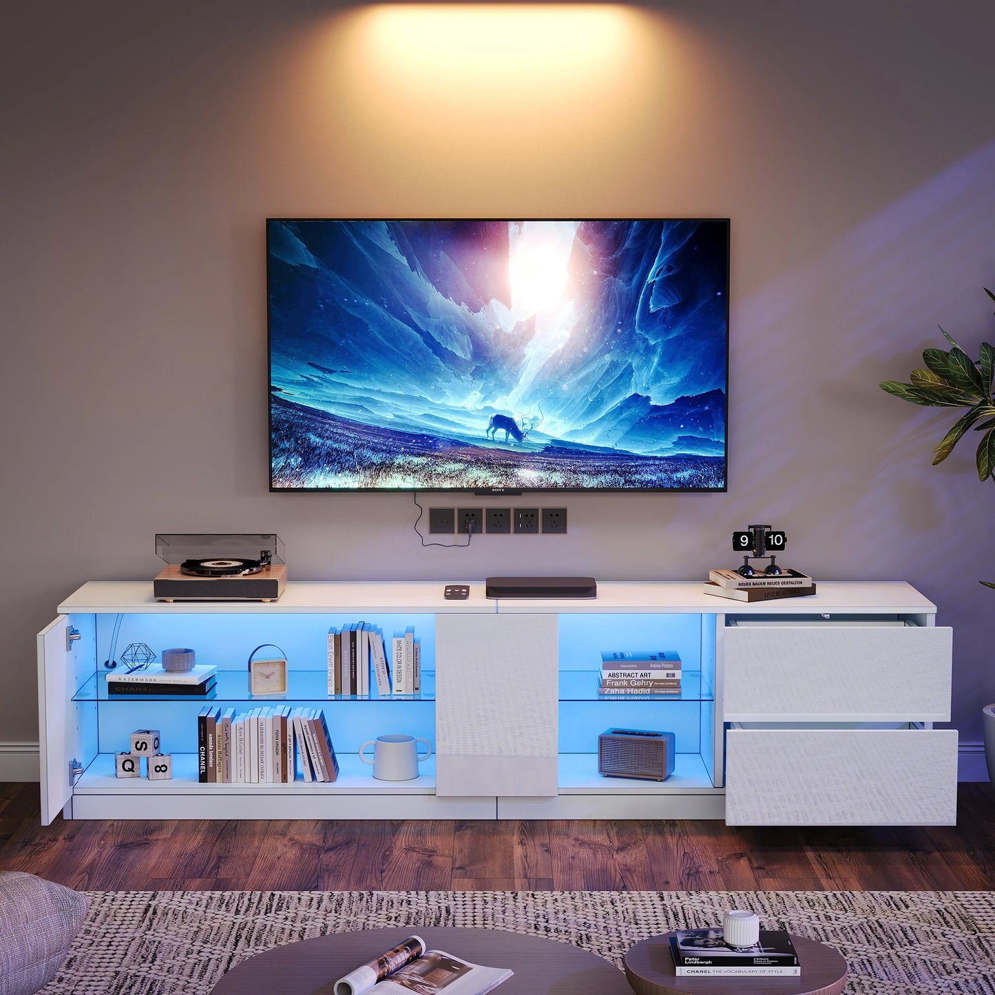 65 Inch TV Stand Cabinet,high Gloss Dresser, Sideboards With LED