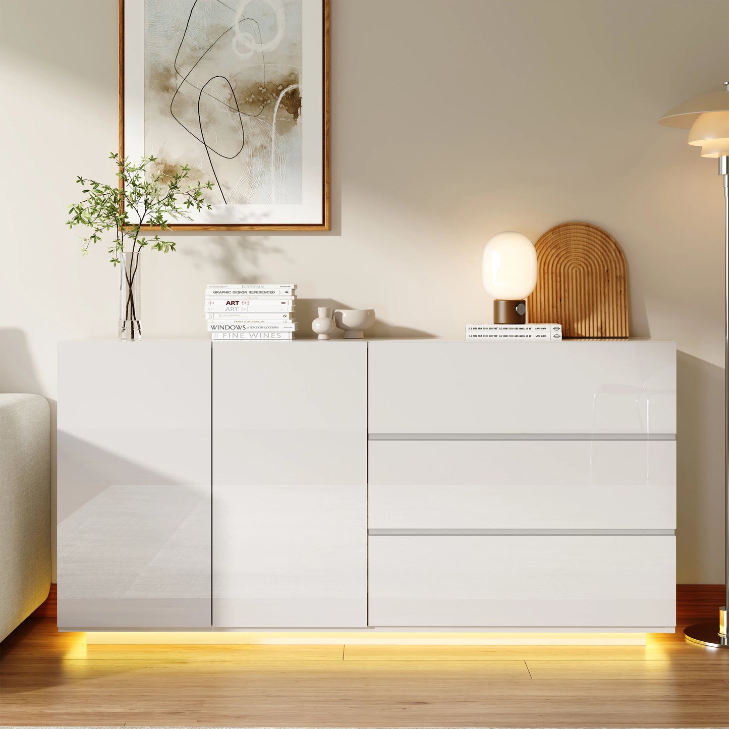 High Gloss Sideboard Living Room with 3 Drawers and 2 Doors