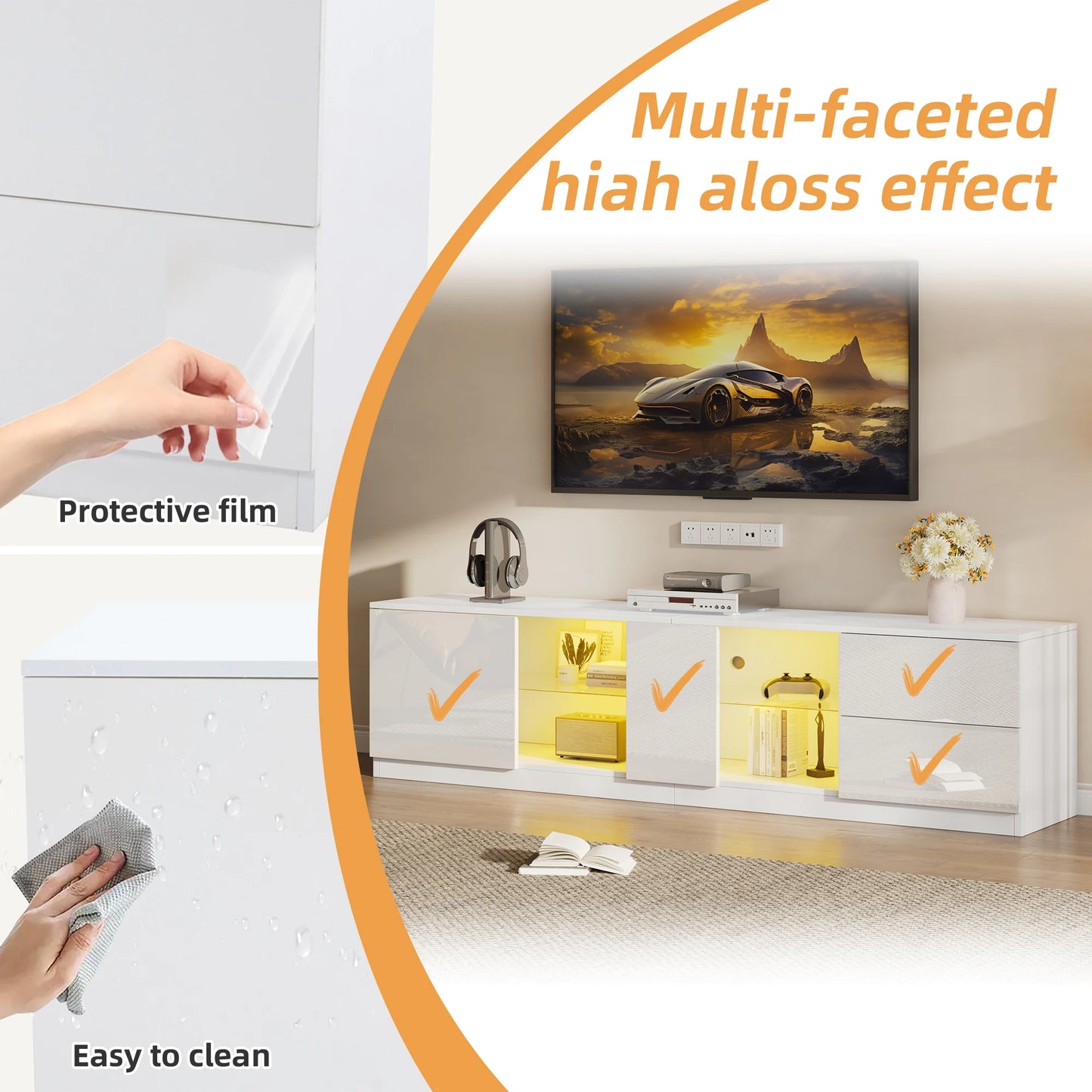 65 Inch TV Stand Cabinet,high Gloss Dresser, Sideboards With LED