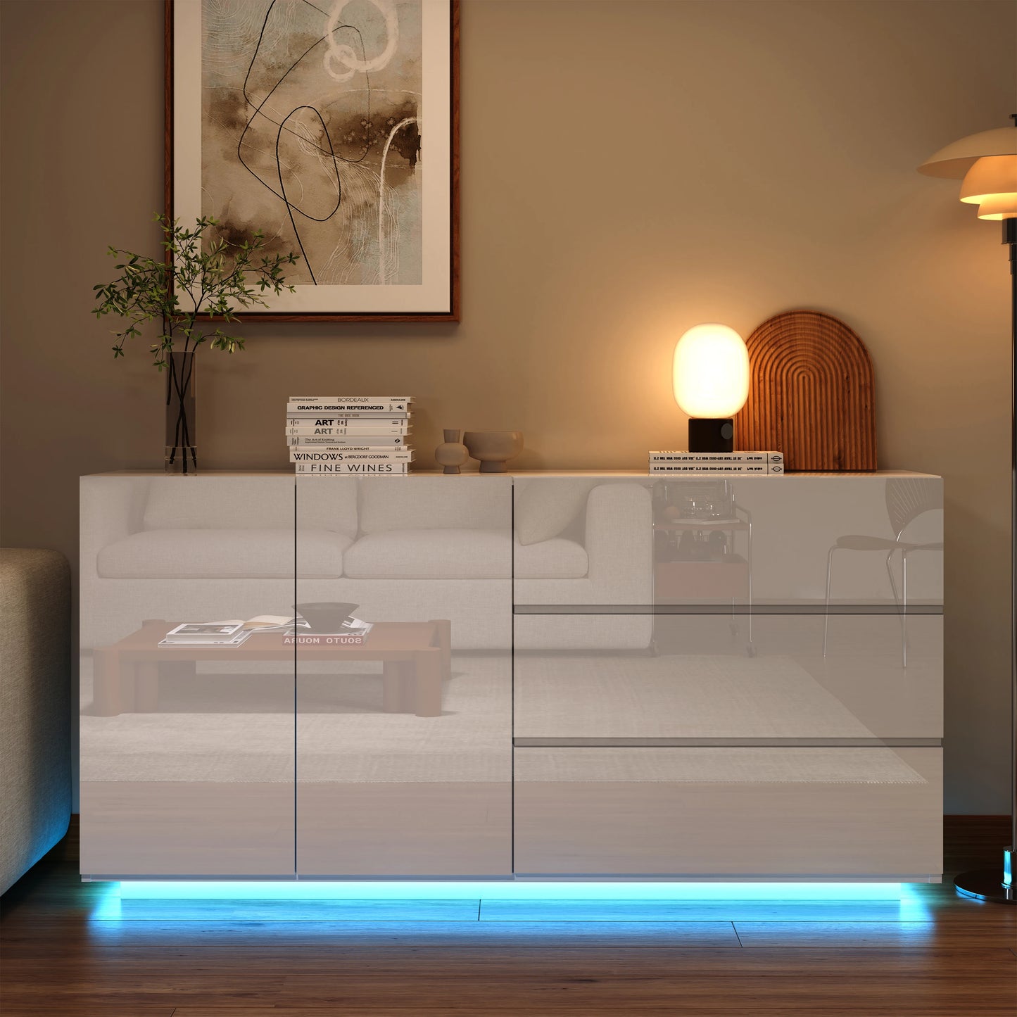 High Gloss Sideboard Living Room with 3 Drawers and 2 Doors
