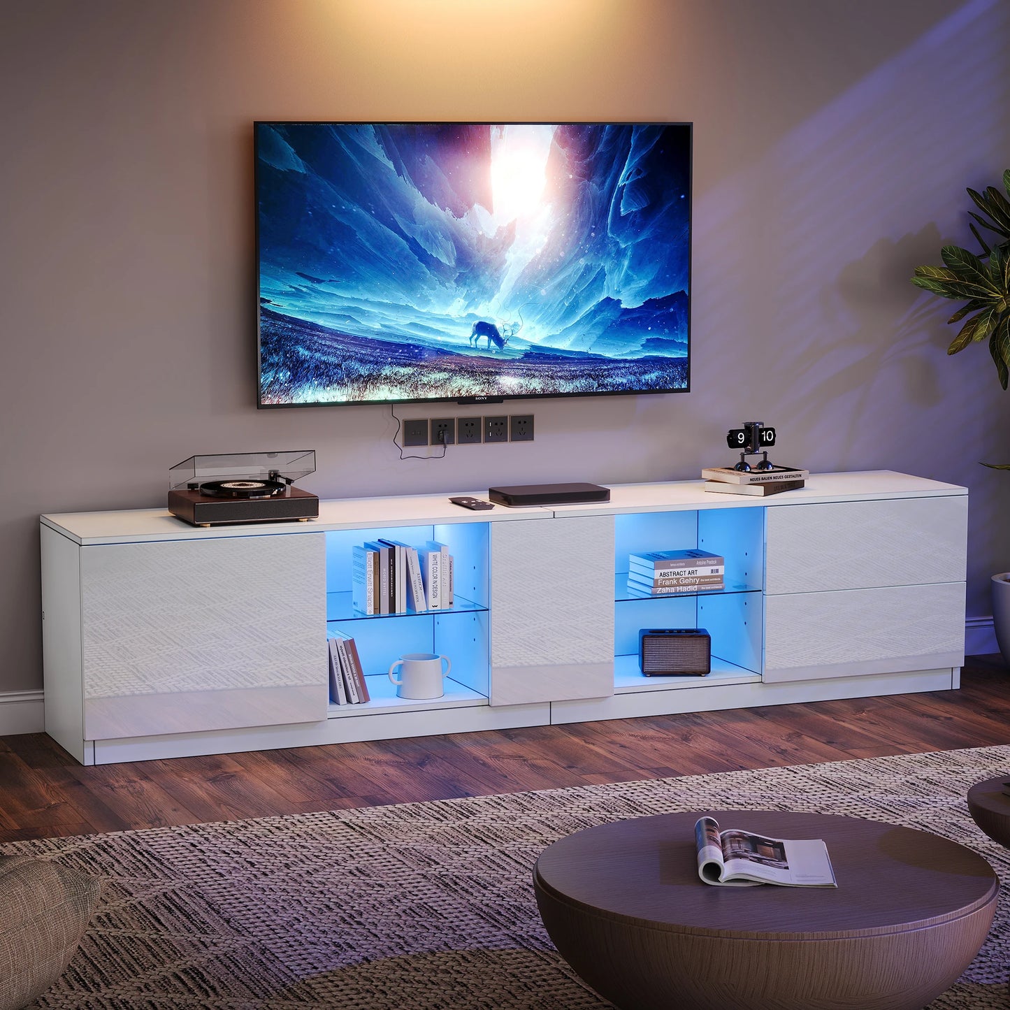 65 Inch TV Stand Cabinet,high Gloss Dresser, Sideboards With LED